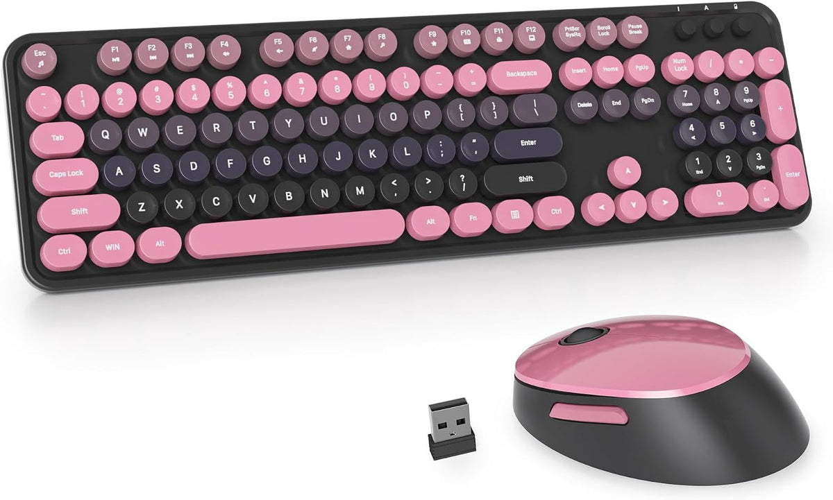 Guffercty kred Black and Pink Keyboard and Mouse Wireless, Retro Typewriter C...