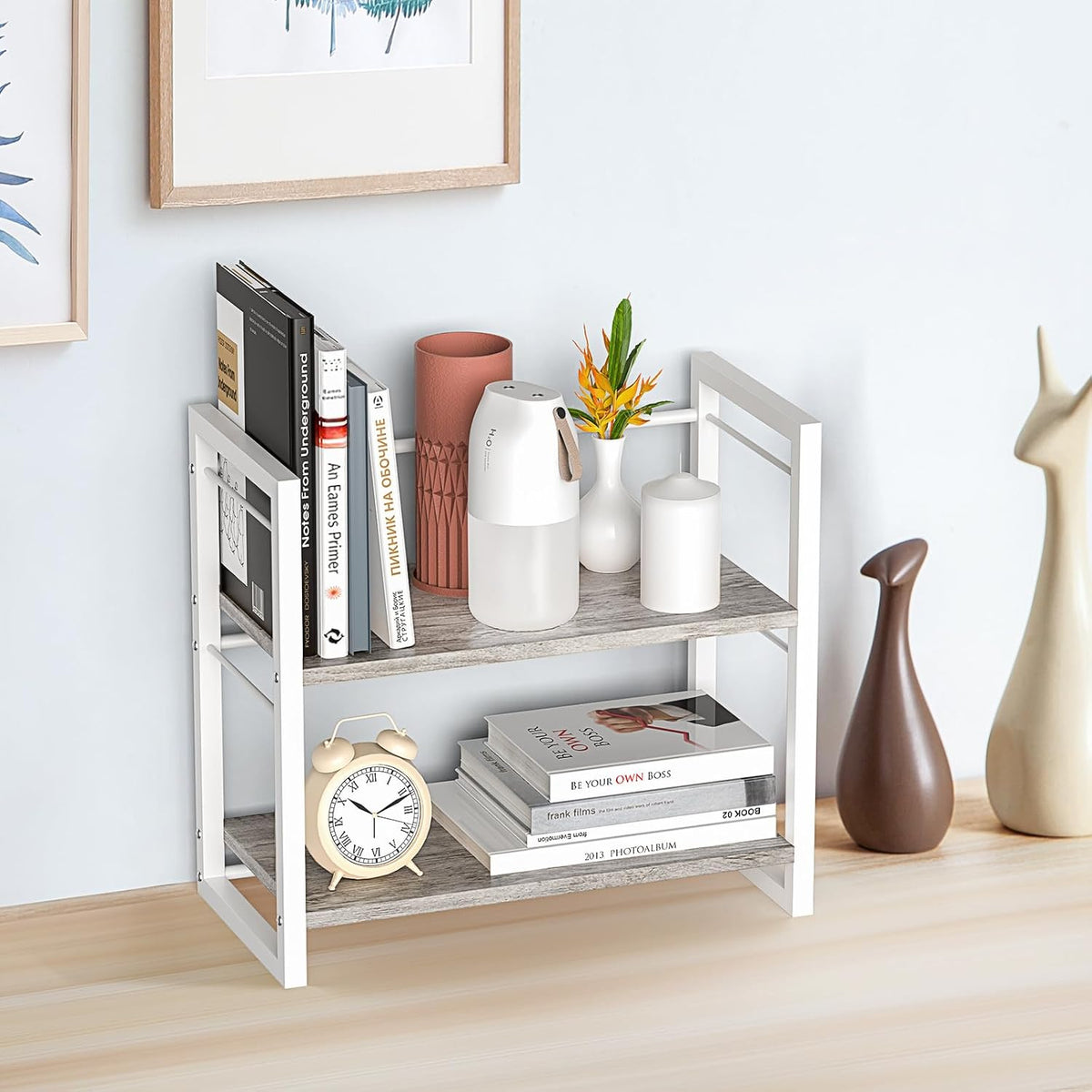 Office Desk Shelf Organizer, Wood Desktop Bookshelf Supplies Storage Rack, Sh...