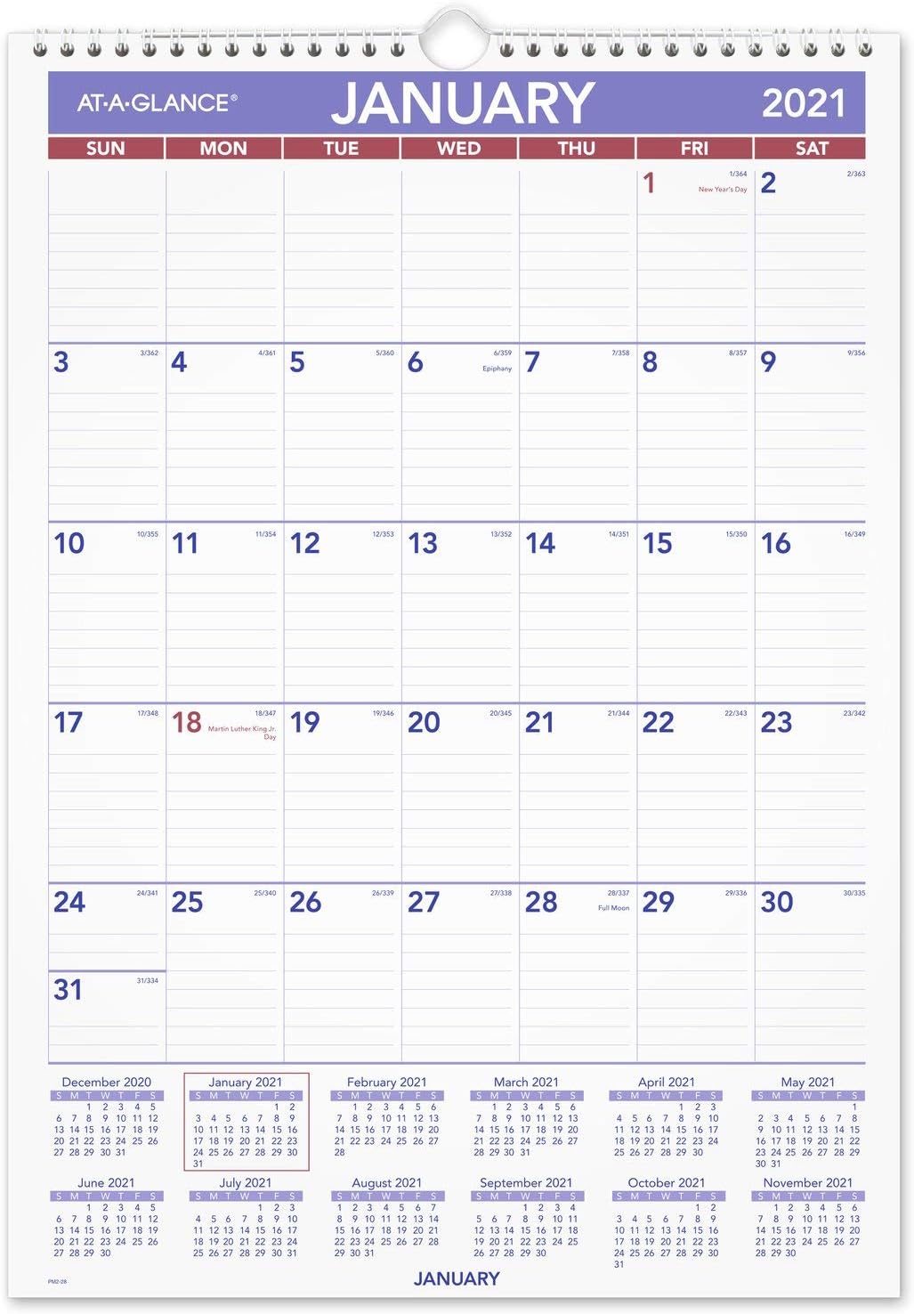 2021 Wall Calendar by AT-A-GLANCE, 12" x 17", Medium, Monthly, Wire...