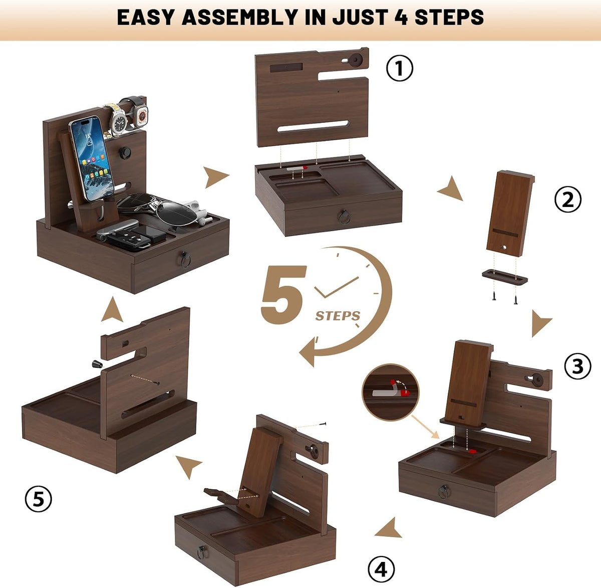 Wood Phone Docking Station, Nightstand Organizer with Drawer