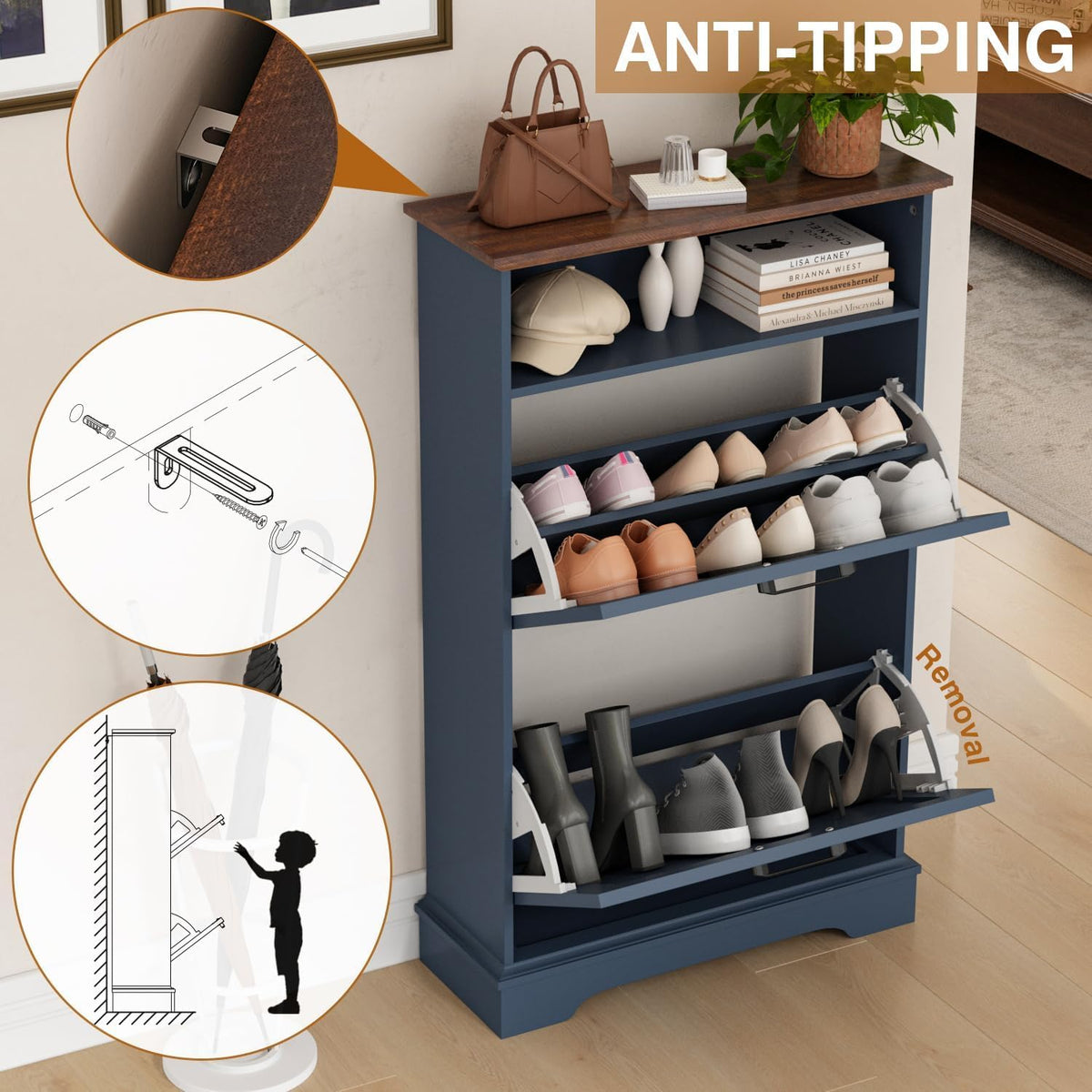 24" W Hidden Shoe Storage Cabinet with 2 Flip Drawers & Open Storage