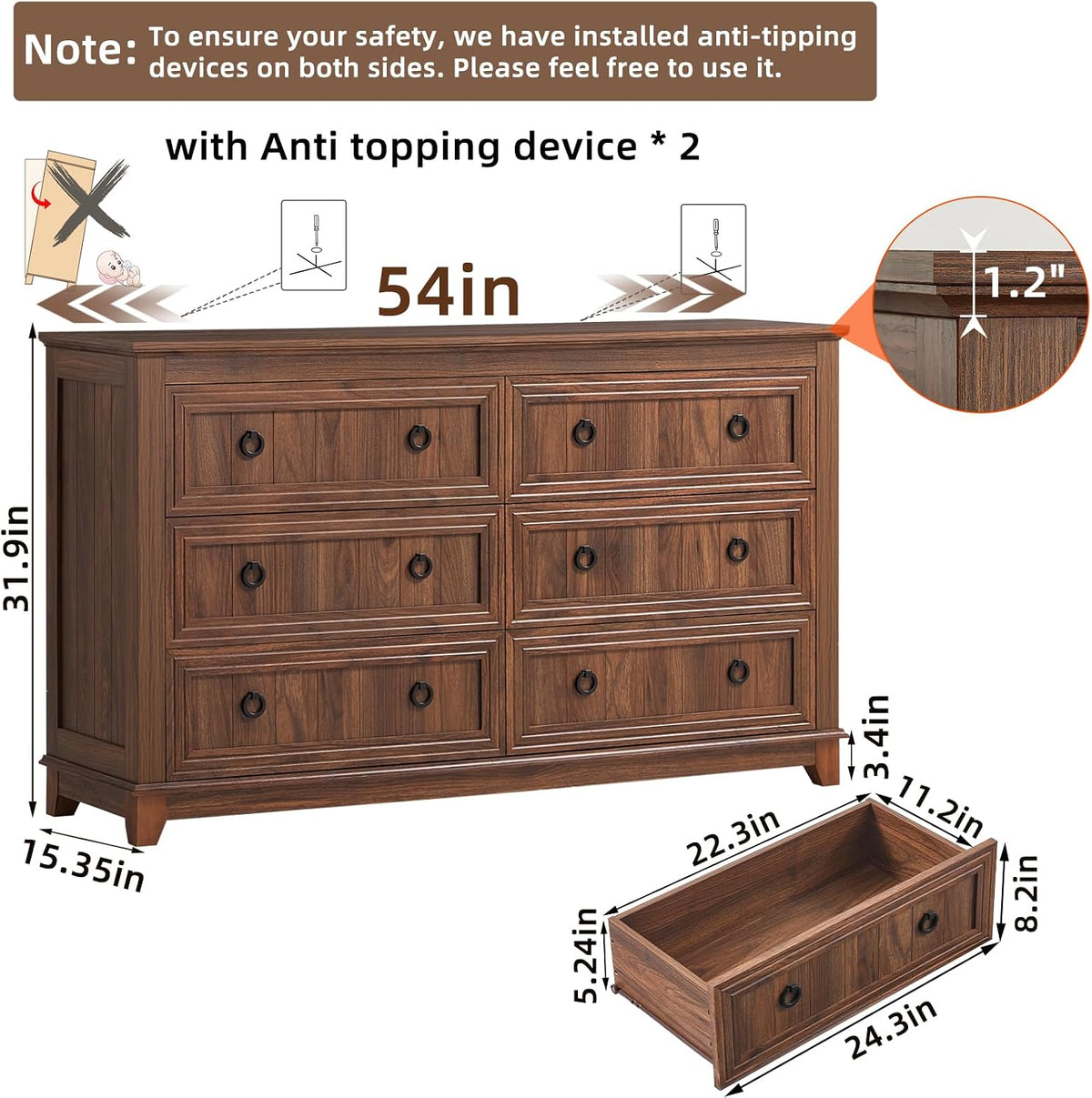 Joaxswe 54'' Dresser for Bedroom, Farmhouse 6 Drawers Dressers