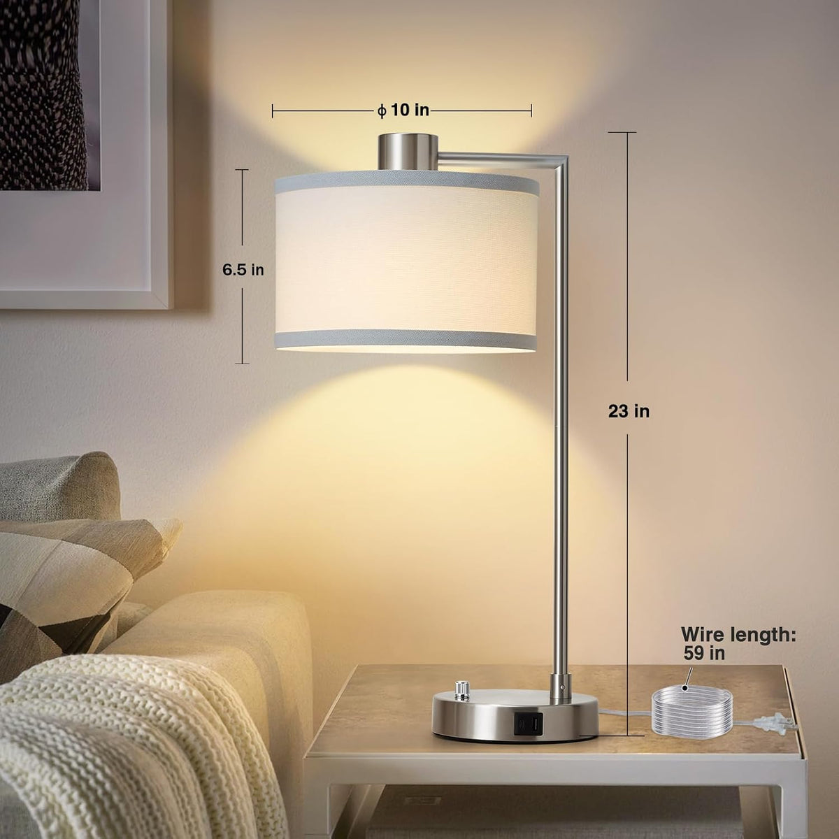 Silver Table Lamp Set of 2, Dimmable Bedside Lamps for Night Stand, USB A+C