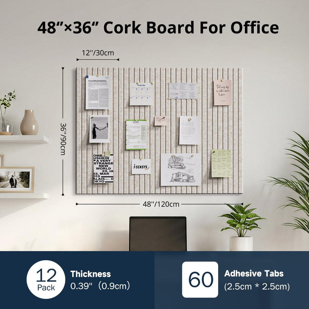 Felt Bulletin Board 48"×36" Cork Board with 60 Adhesive Tab Oatmeal