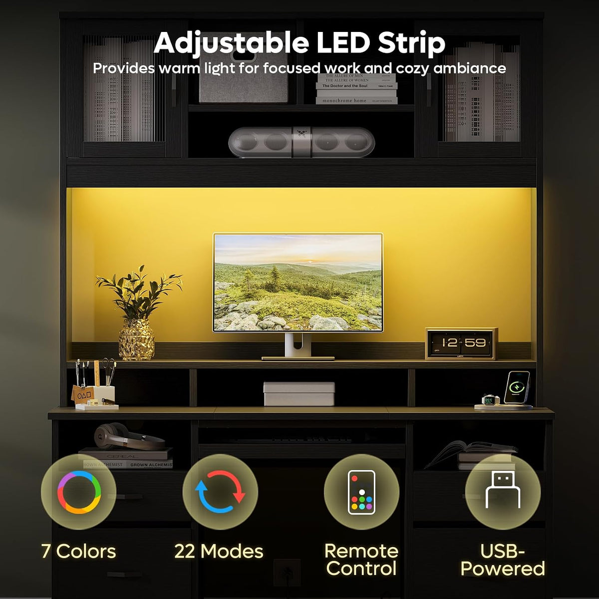 Bestier 77.8" H Computer Desk with Hutch, Charging Station, LED Light,Black