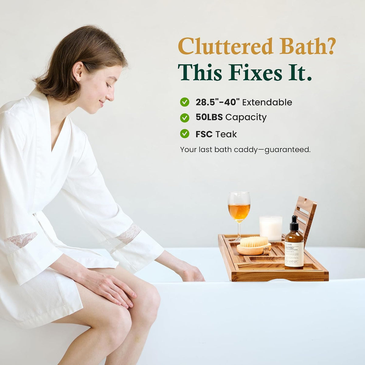 Teak Bathtub Tray Caddy, Natural Unfinished Wood Bath Organizer