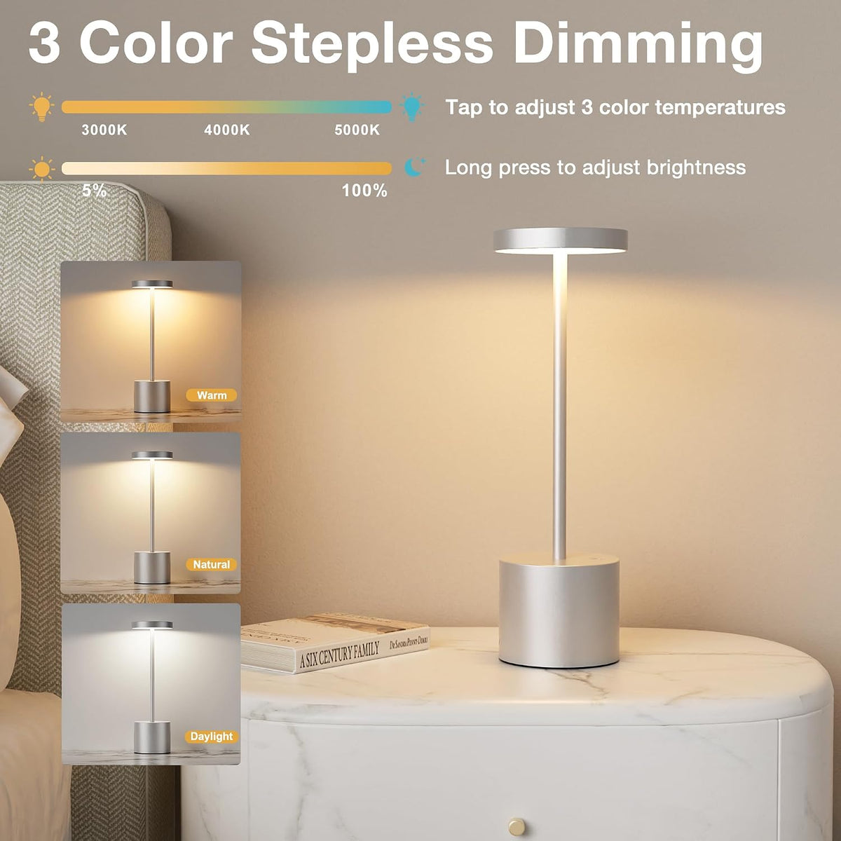 Kakanuo Silver Gray Cordless Lamp Set, Rechargeable Lamp, 3 Color Temperature...