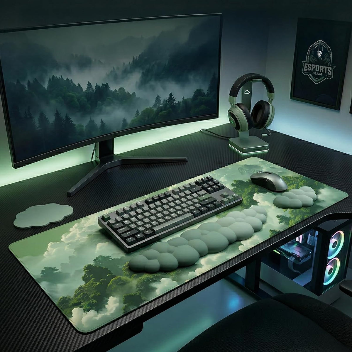 Green Cloud Mouse Pad and Keyboard Wrist Rest 4PCS Extended Forest Mountain A...