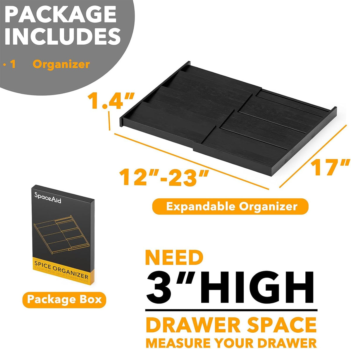 SpaceAid Bamboo Black Spice Drawer Organizer, (Need 3" Deep Drawer) Expa...