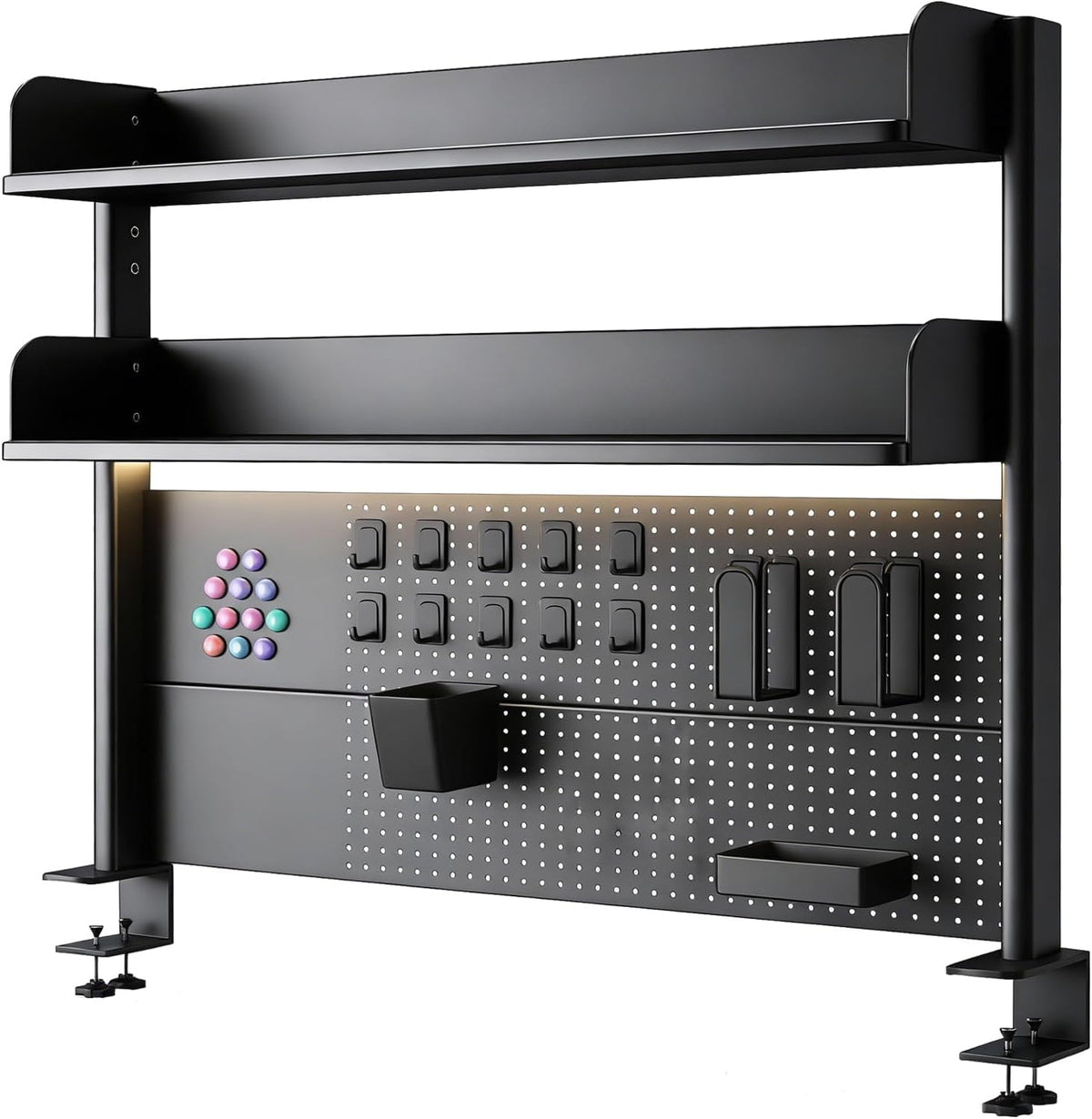 Clamp On Desk Pegboard Shelf - Metal Desktop Organizer Hutch with 2 Shelves
