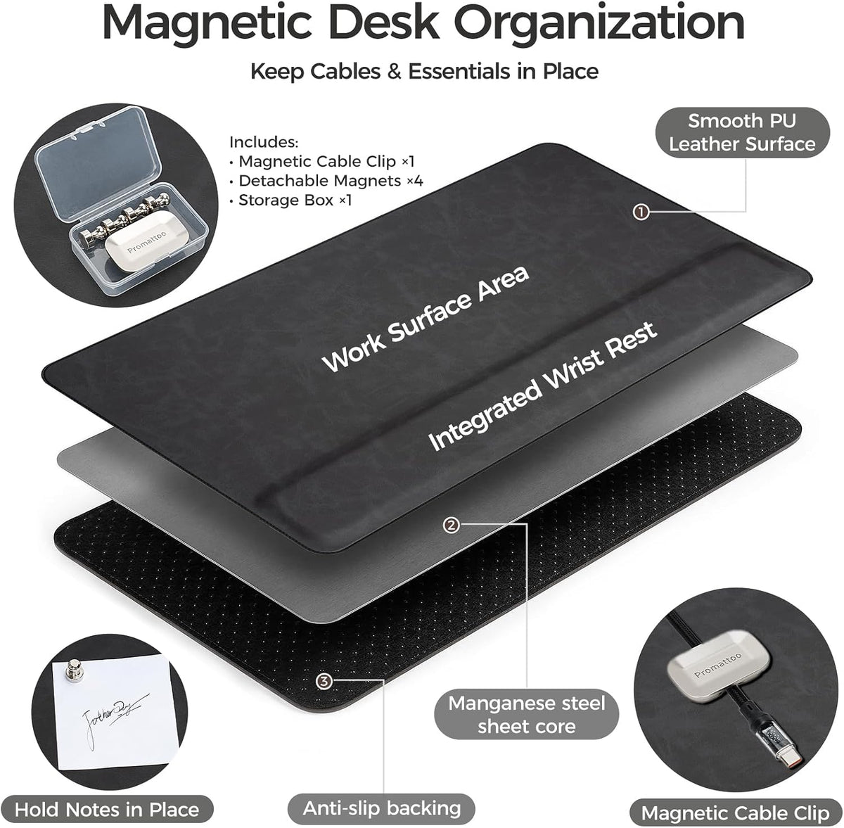 Magnetic Desk Mat System with Wrist Support 80×40cm, Premium Leather Desk Pad...