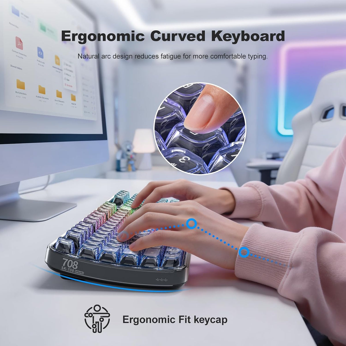 MOFII Clear Curved Ergonomic Wireless Keyboard, Tri-Mode BT5.0/2.4G/USB-C