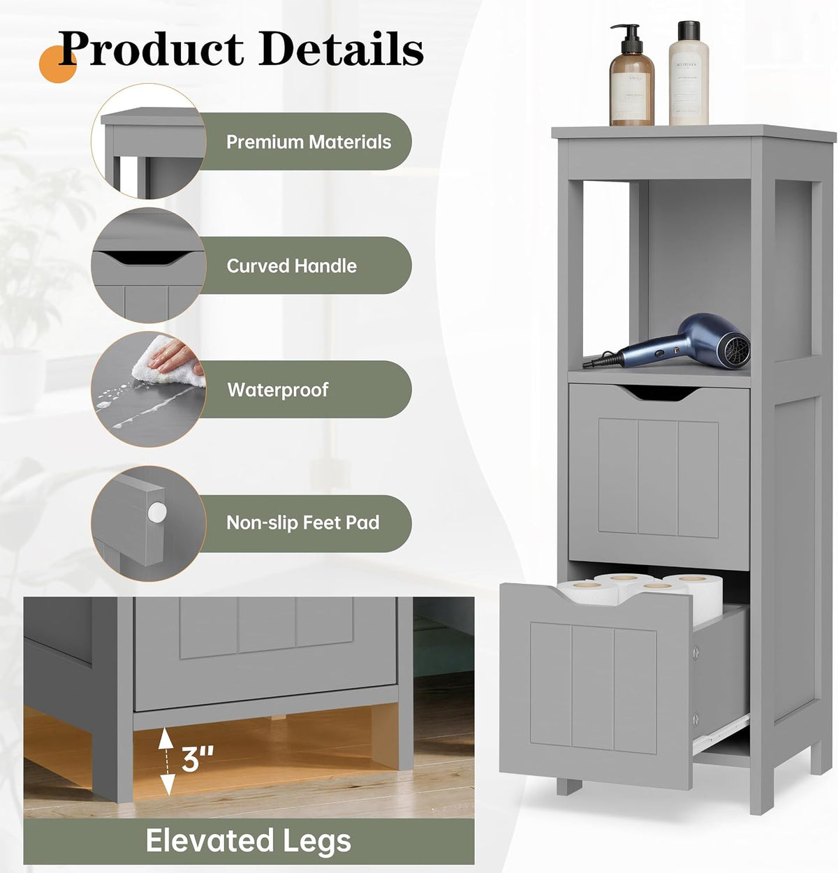 Shintenchi Small Bathroom Storage Cabinet, 2 Drawer Slim Floor Cabinet