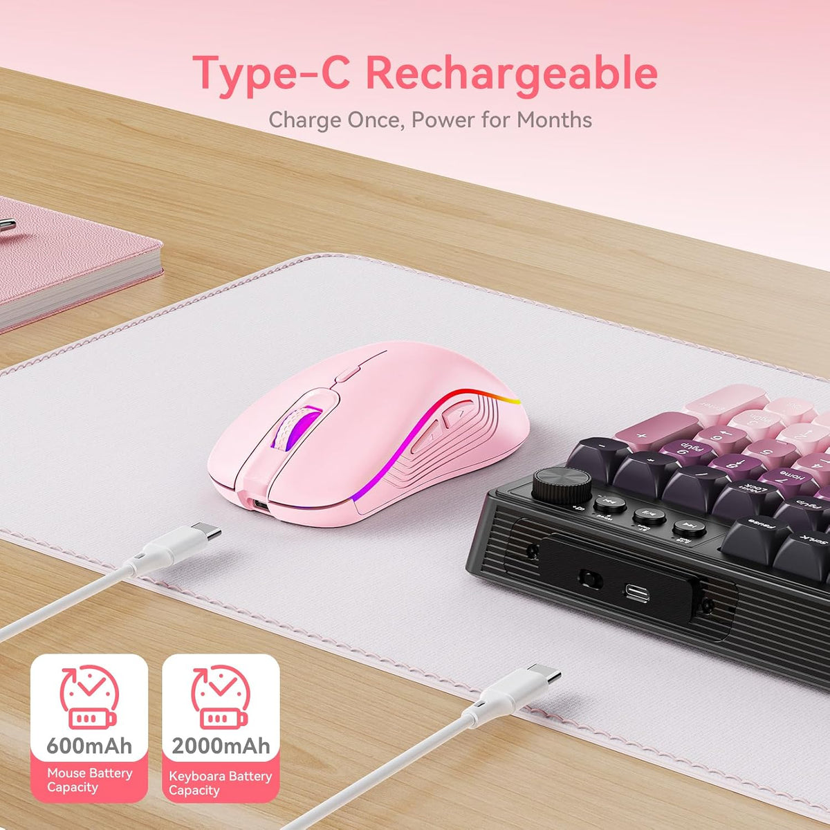 Wireless Keyboard and Mouse Combo, RGB Backlit Rechargeable 2000 mAh Battery,...