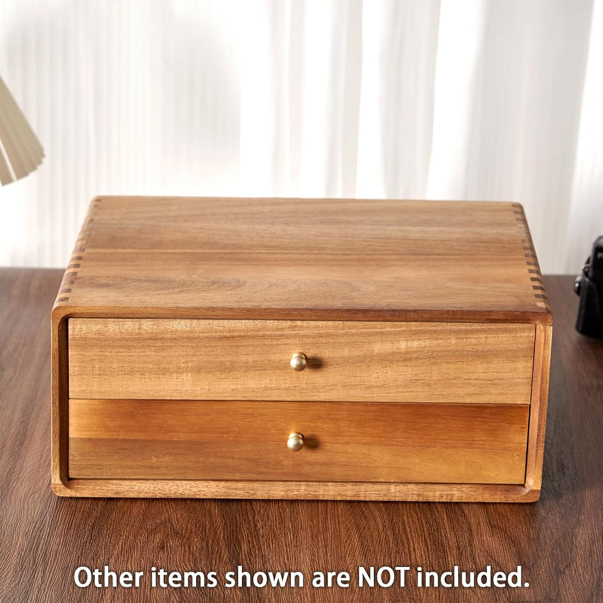 Acacia Wood Desk Organizer with 2 Drawers, Fully Assembled Dovetail Joint Des...