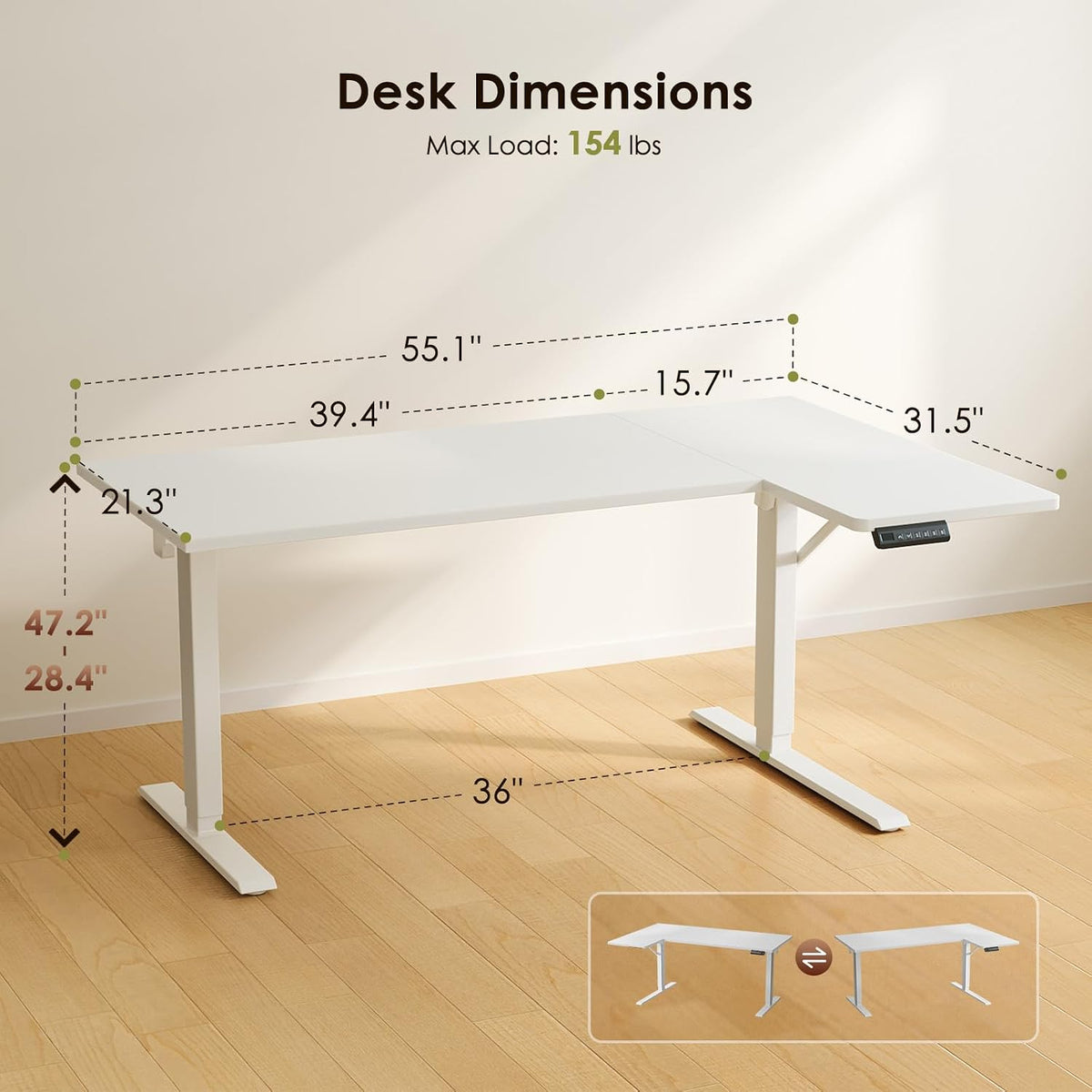 OffiGo 55 Inch Reversible L Shaped Electric Standing Desk, White
