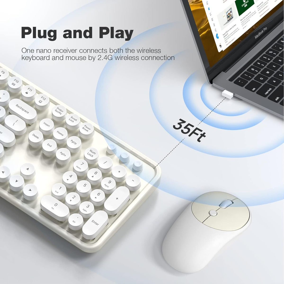 KNOWSQT Wireless Keyboard and Mouse Combo - White-Milky Full-Sized 2.4 GHz 10...