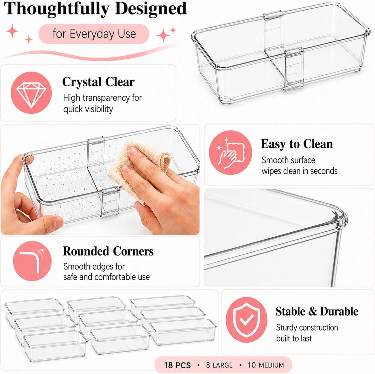 18 Pcs Clear Adjustable Drawer Organizer, 2-Size Desk Drawer Organizer Box, A...