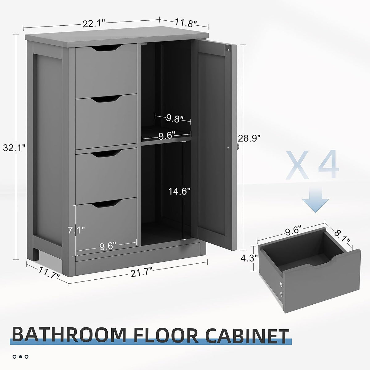 Shintenchi Bathroom Small Floor Storage Cabinet with 4 Drawers, Gray
