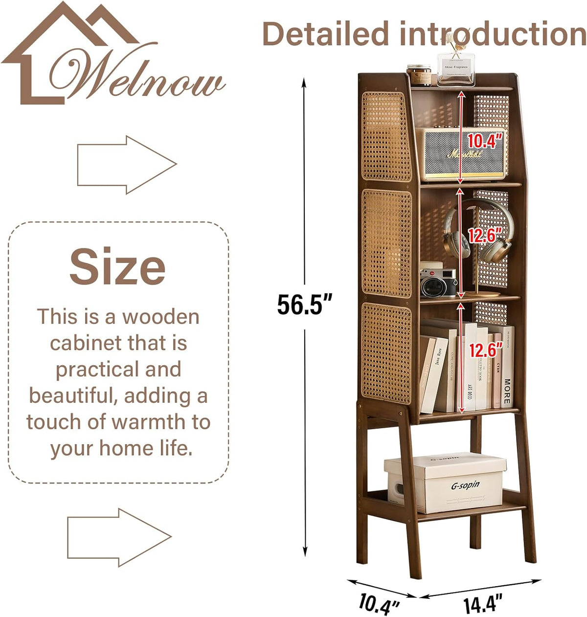 Welnow Bamboo Rattan Bookcase with Cabinet,4-Tier Wicker Bookshelf,Walnut