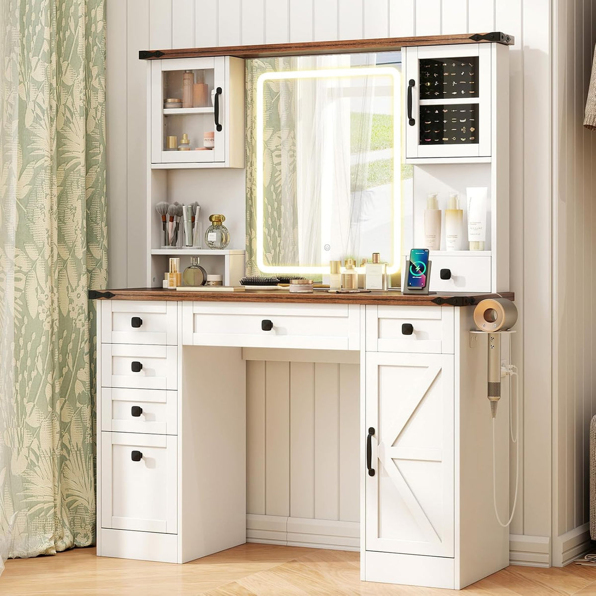 CHARMAID Farmhouse Vanity Desk with Lighted Mirror & 7 Drawers, 45 inch M...