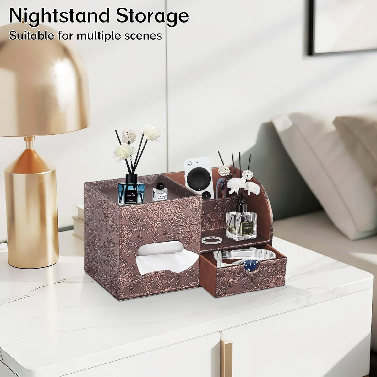 PU Leather Tissue Box Cover Square with Drawer Storage and Tray on Top