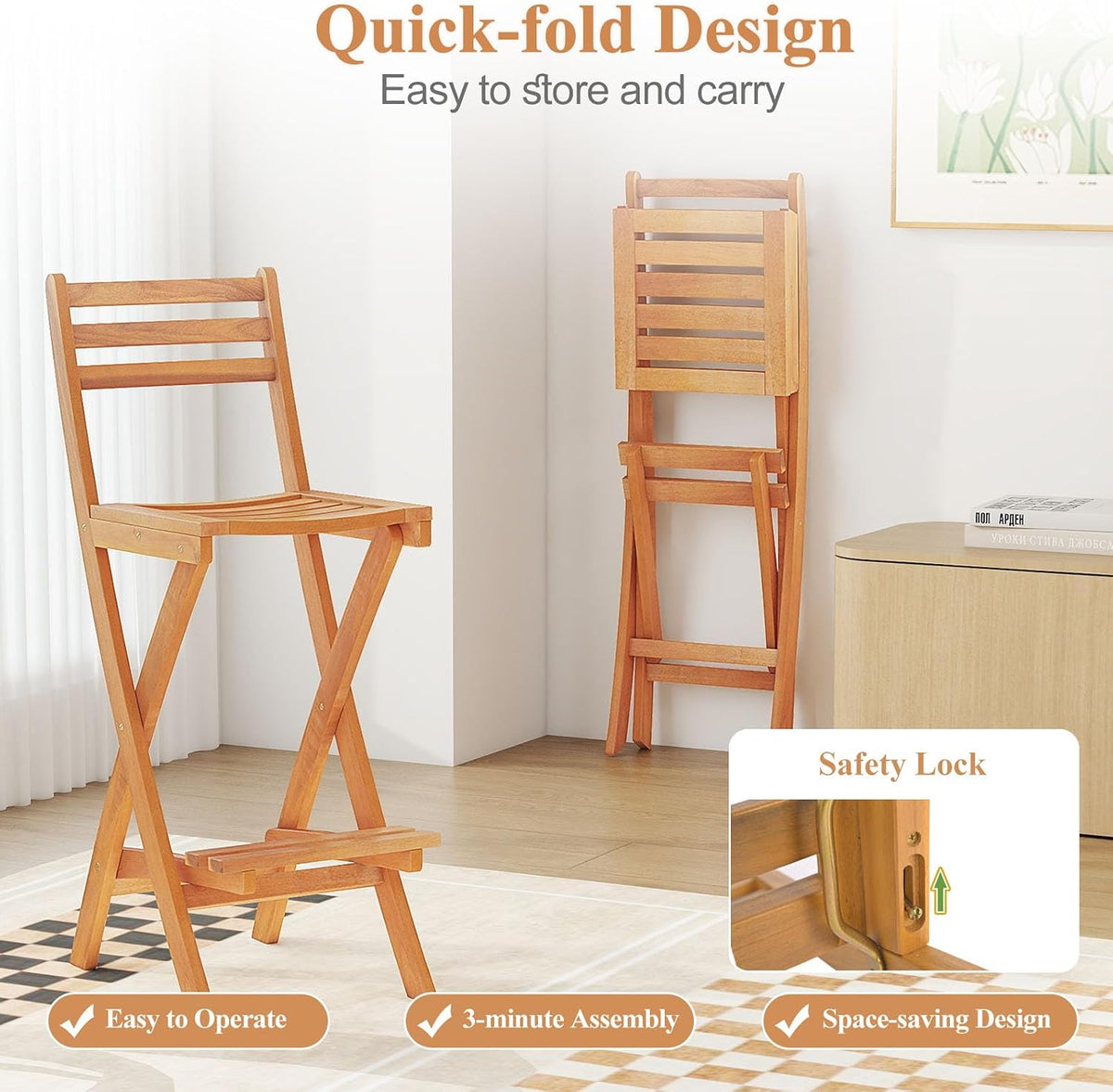 COSTWAY Outdoor Acacia Wood Folding Bar Stool with Slatted Backrest