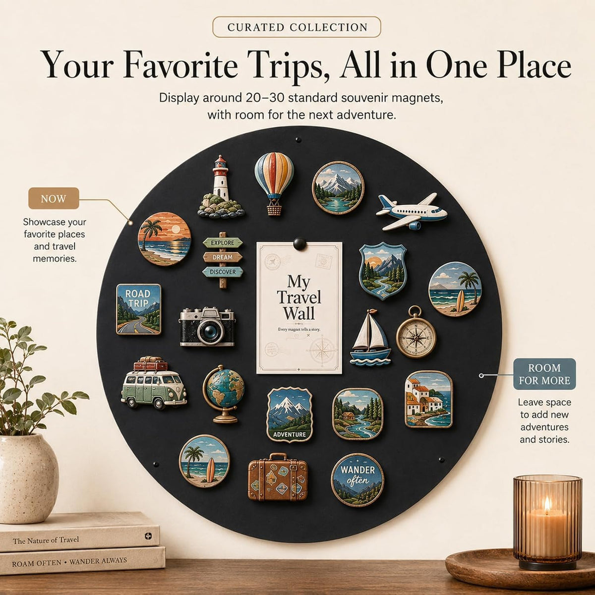 Round Travel Magnet Board: Display 20–30 Souvenirs as Wall Decor