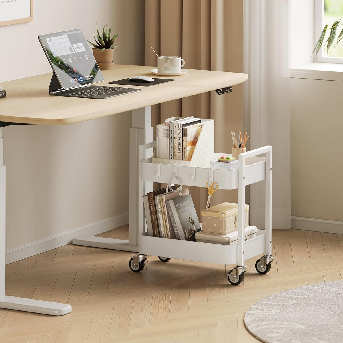 Nunsino Small 2 Tier Rolling Cart Under Desk Storage with Wheels,White