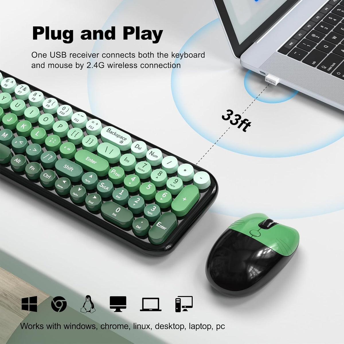 MOFII Wireless Keyboard and Mouse Combo, Compact Typewriter Retro Round Compu...