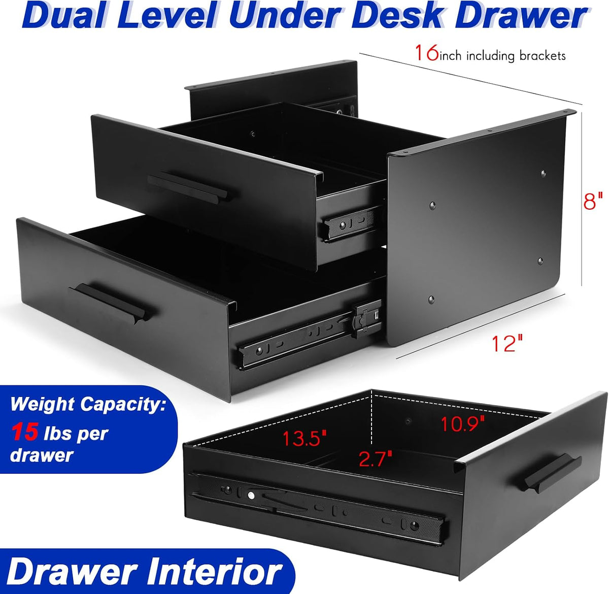Menkxi 16'' Under Desk Drawer Slide-out Steel Under Counter Drawers S...