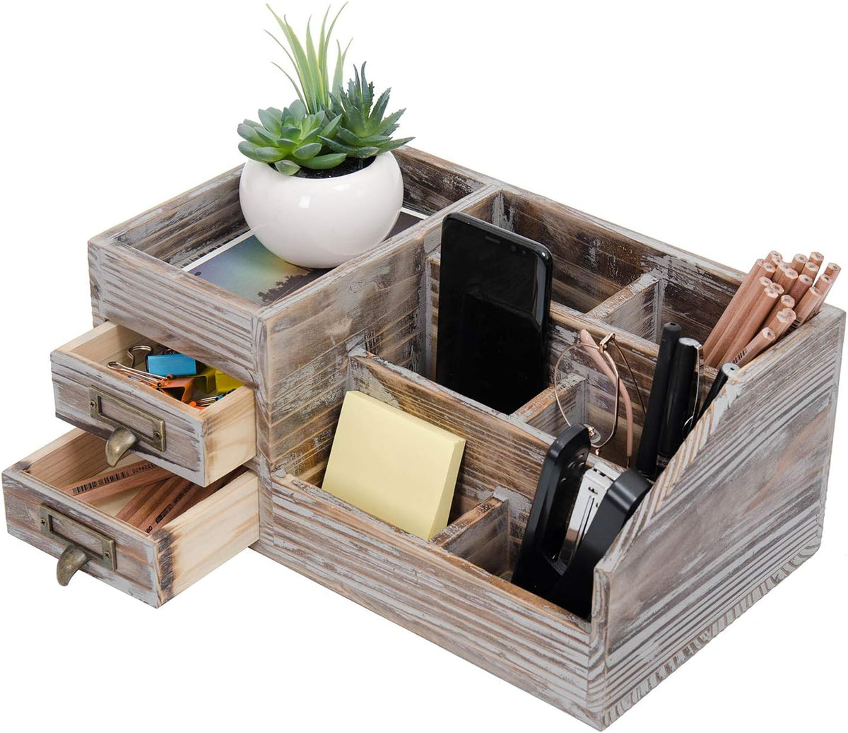 Liry Products Rustic Torched Wooden Desktop Organizer Dark Brown Tabletop Sto...