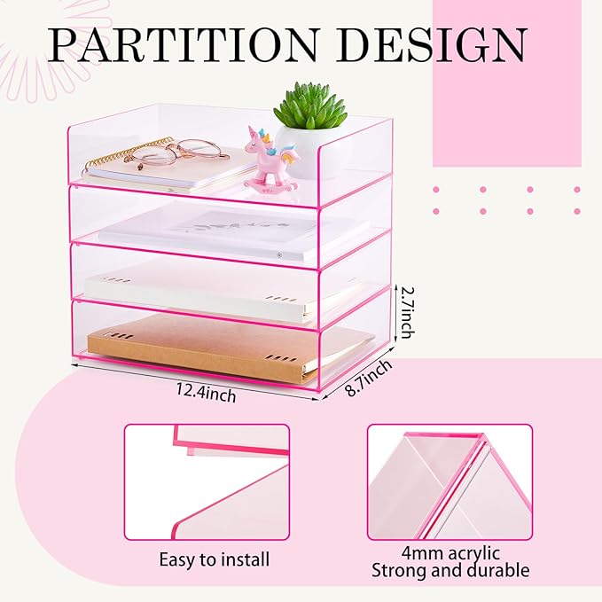 Harloon 4 Tier Acrylic Paper Tray 12.4 x 8.7 x 2.7 Inches Stackable Letter
