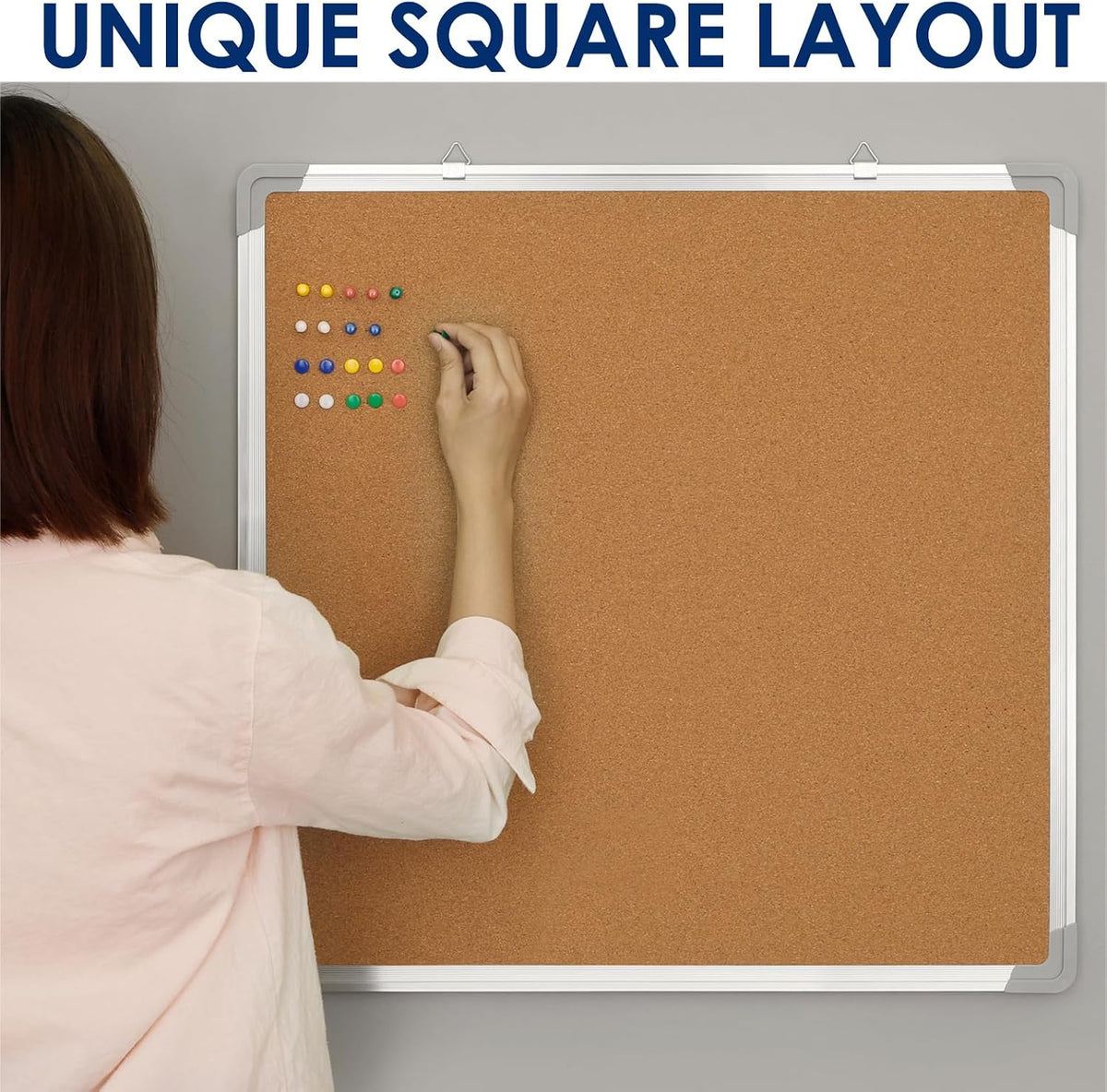 Cork Board 24x24 in, Framed Wall Hanging Bulletin Board with 10 Thumb Tacks