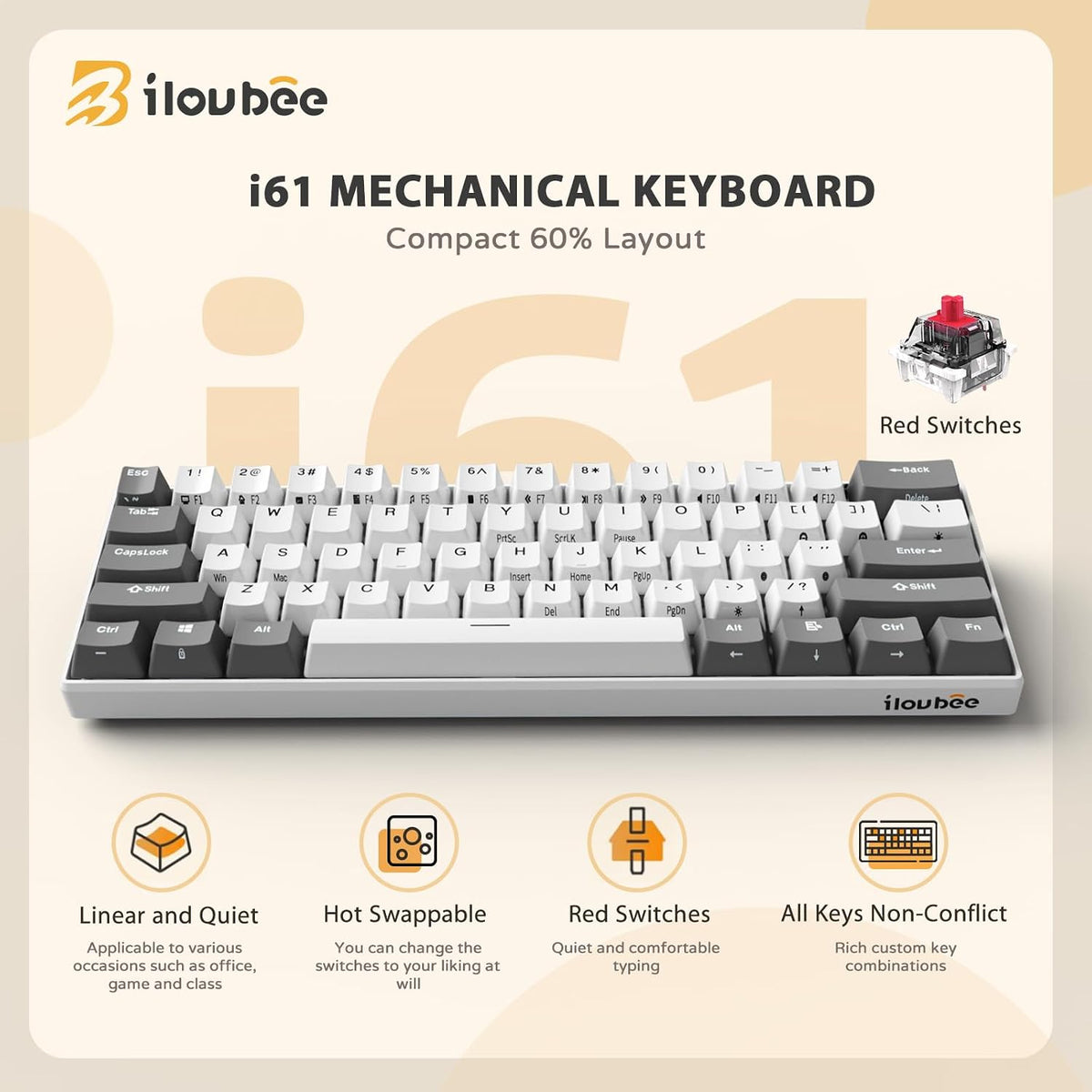 iLovBee i61 Mechanical Keyboard 60 Percent, RGB Hot Swappable Red Switch