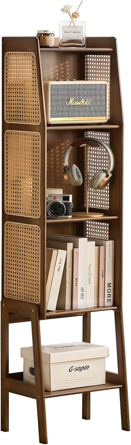 Welnow Bamboo Rattan Bookcase with Cabinet,4-Tier Wicker Bookshelf,Walnut