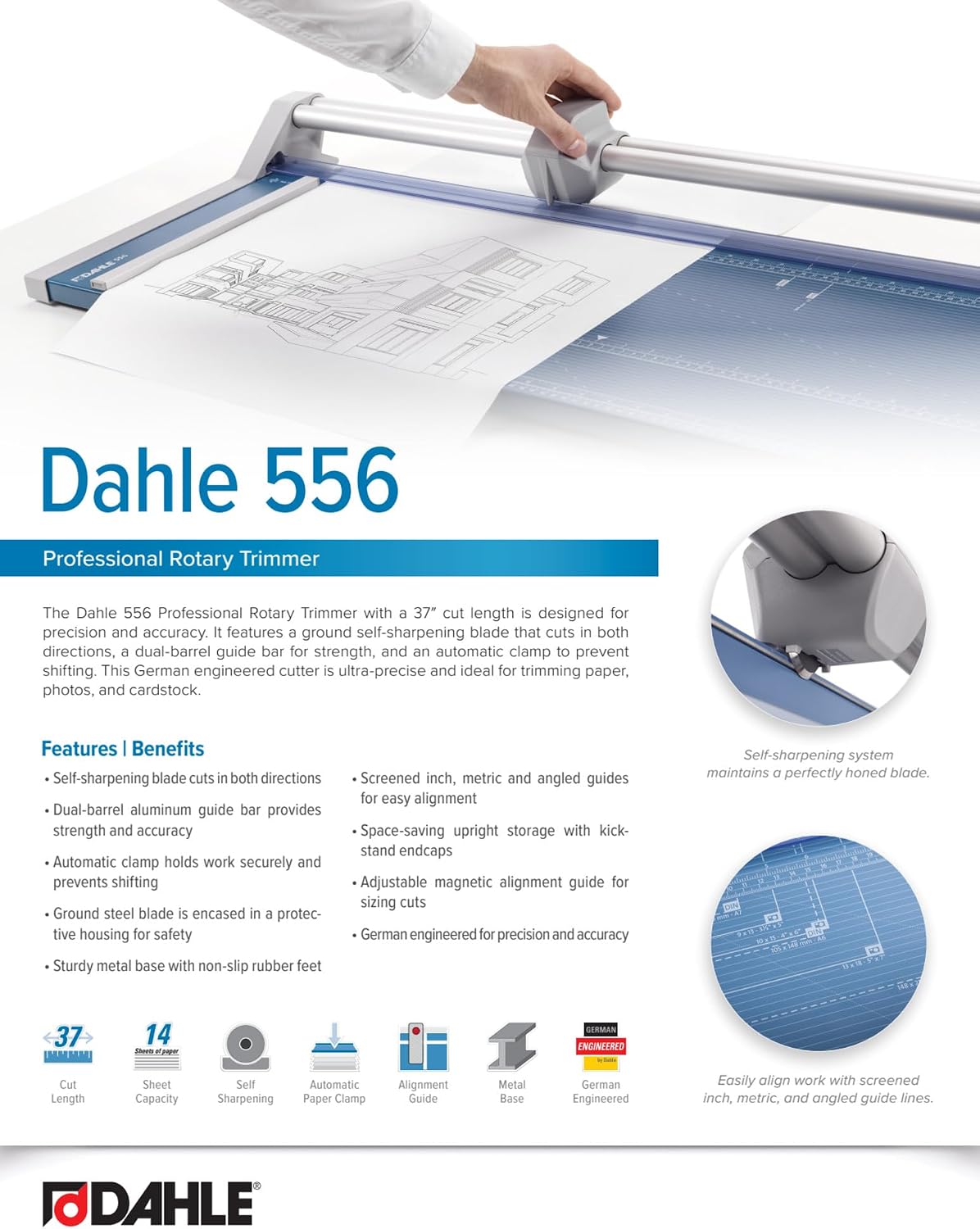 Dahle 556 Professional Rotary Trimmer, 37" Cut Length, 14 Sheet Capacity...