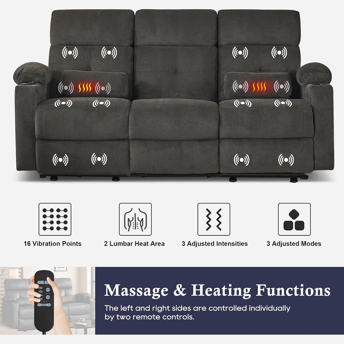 80'' Power Reclining Sofa with Heat and Massage, Electric Reclining C...
