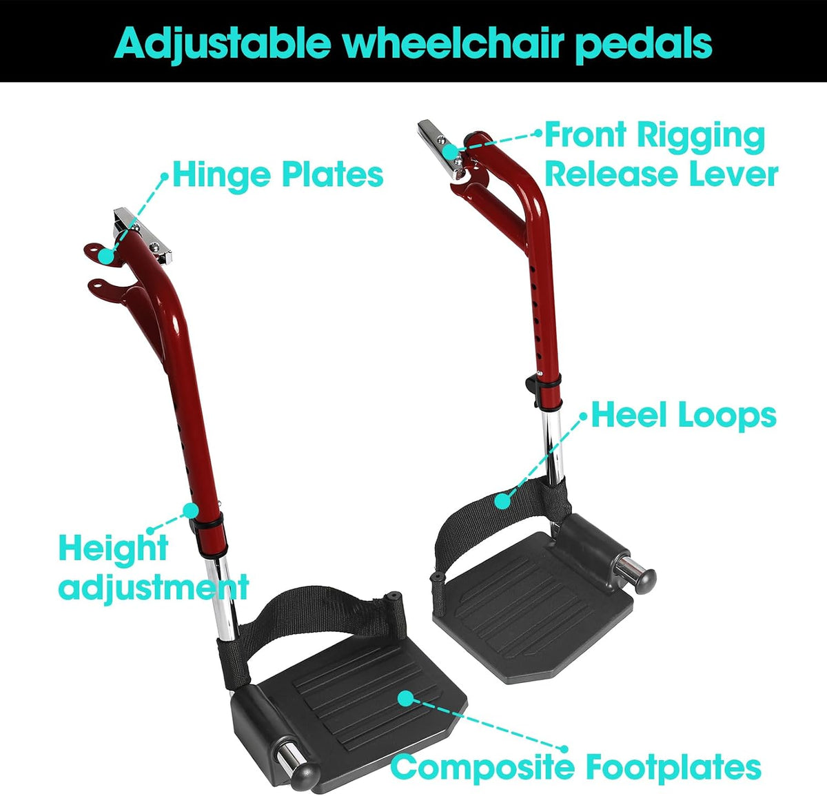 Wheelchair Footrest Replacement - Adjustable Composite Footboard & Heel L...