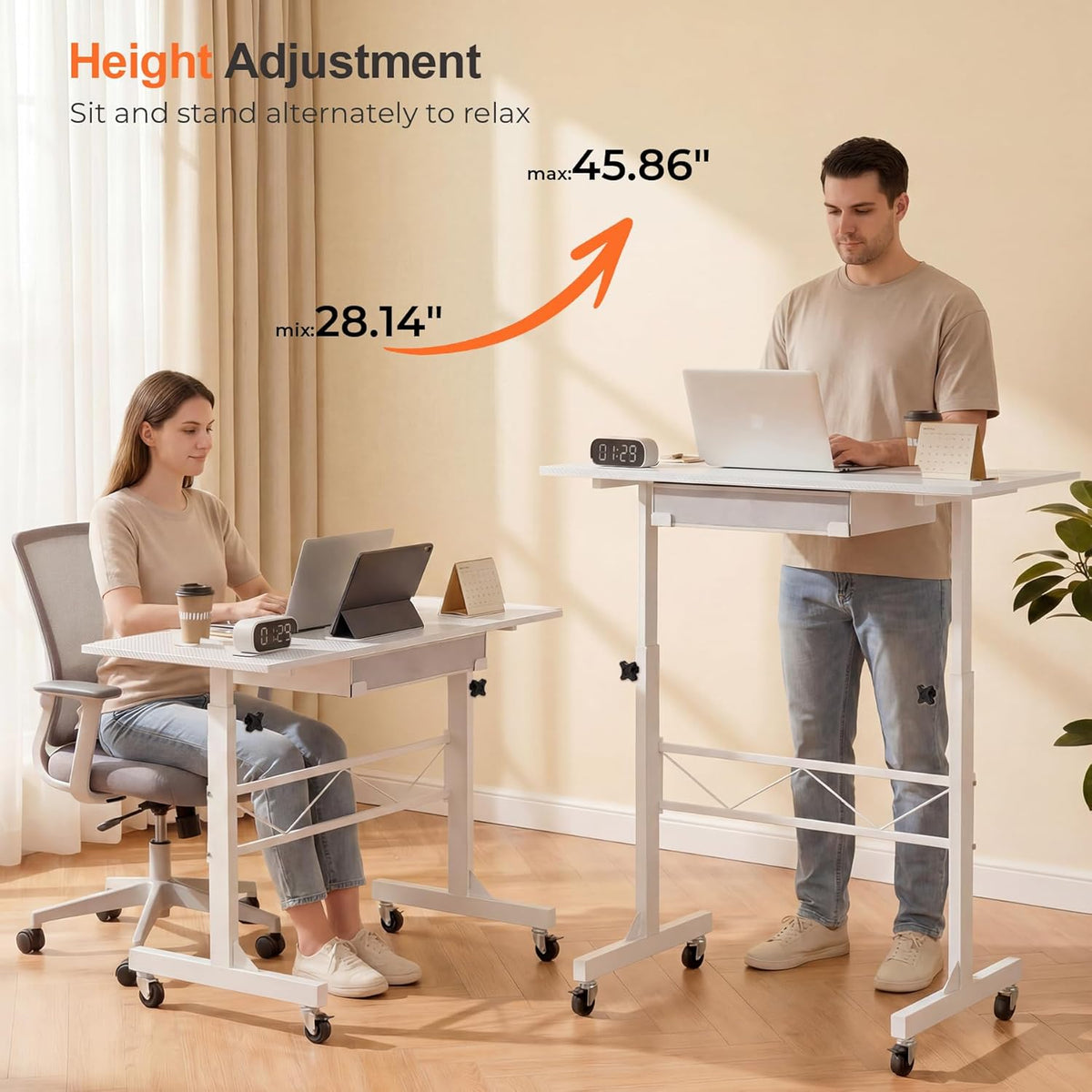 COMHOMA Small Standing Desk with Storage Drawer, Mobile Height Adjustable Rol...