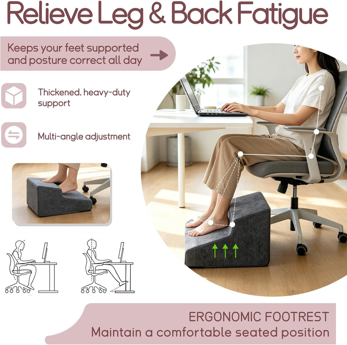 Foot Rest for Under Desk at Work, Ergonomic 2-Height Sponge Foot Stool for Of...