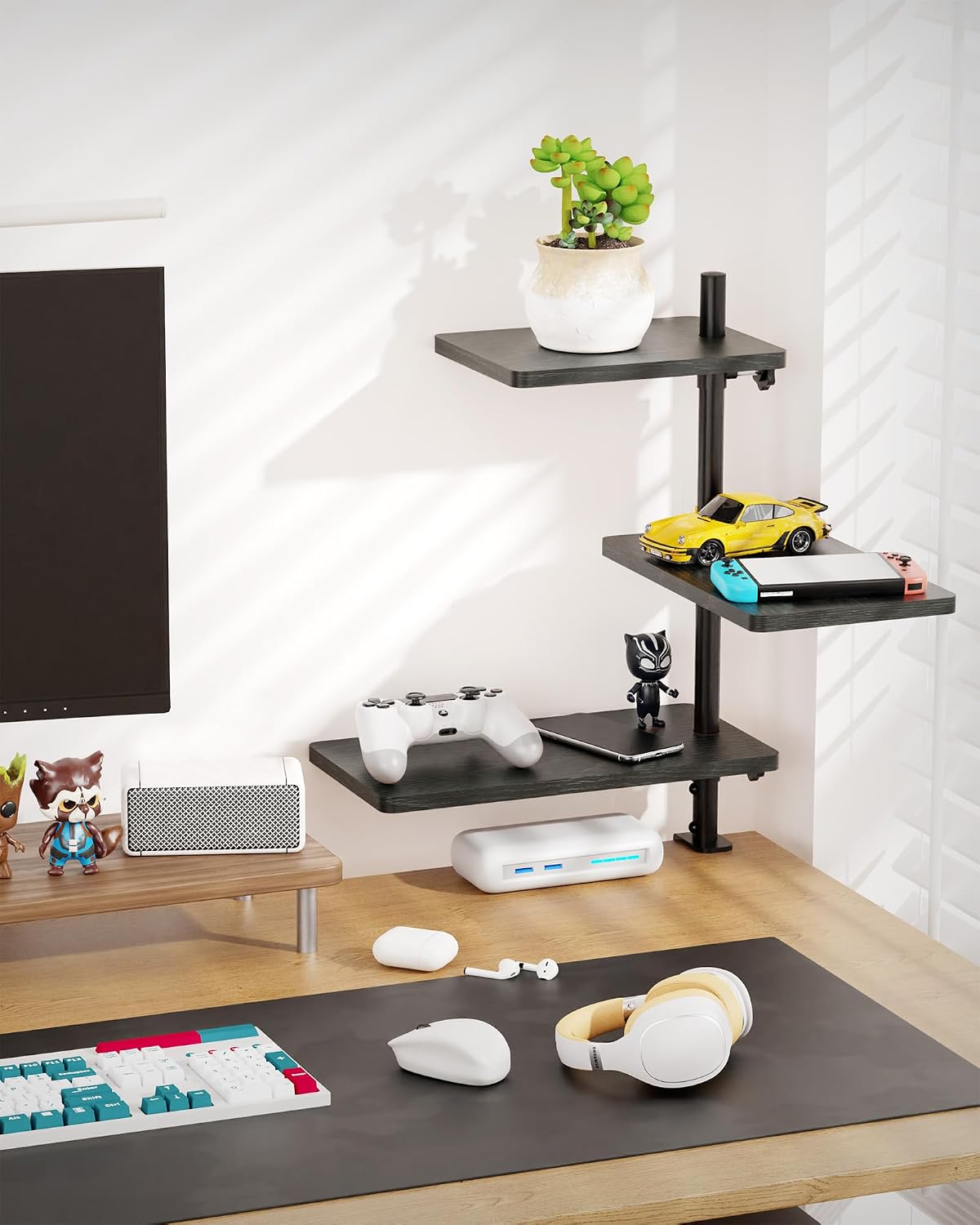 3 Tiers Clamp On Desk Shelf, 360° Angle Adjustable Desktop Shelf Organizer fo...