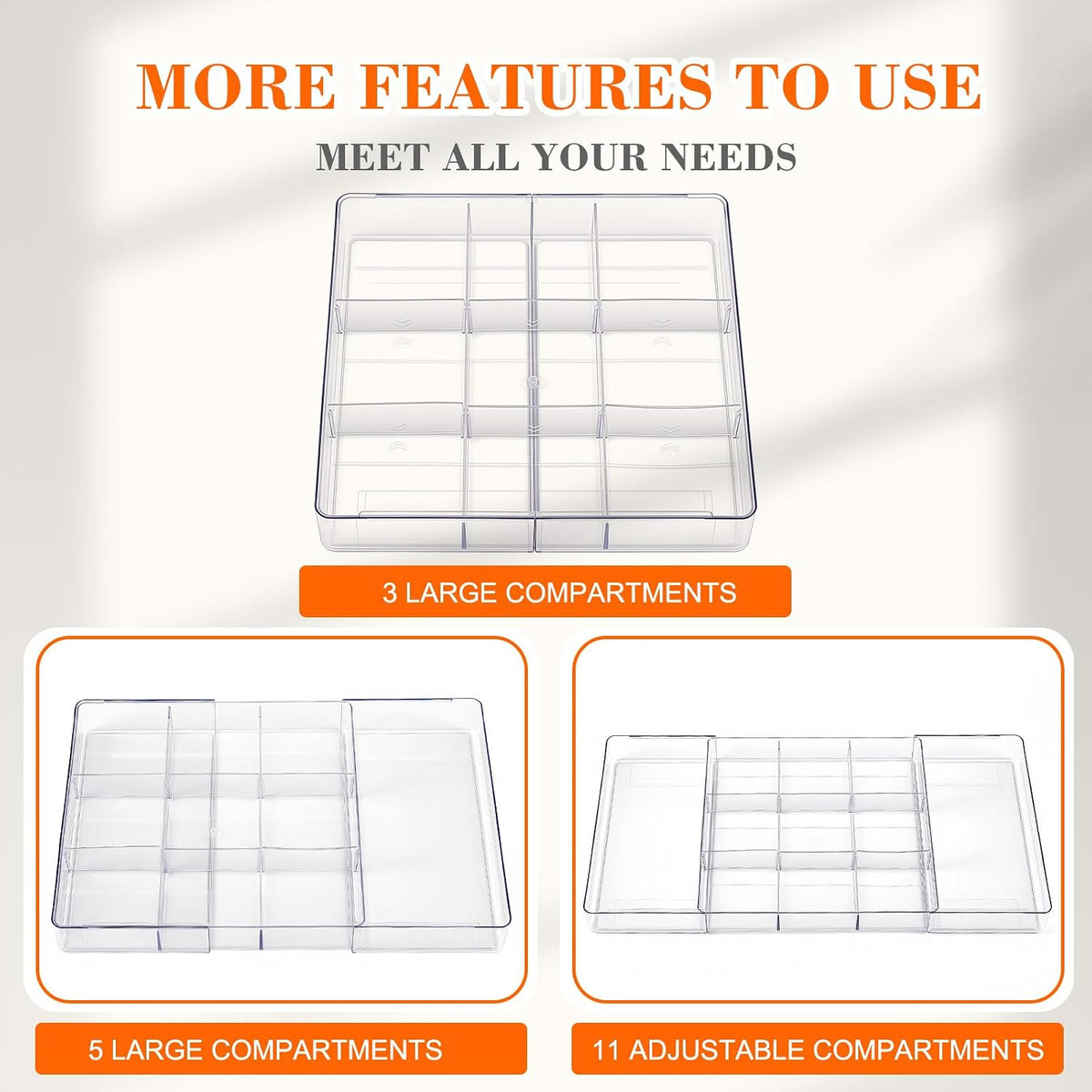 Briwooody 2 Pcs Expandable Drawer Organizer, Transparent, 11 Compartments