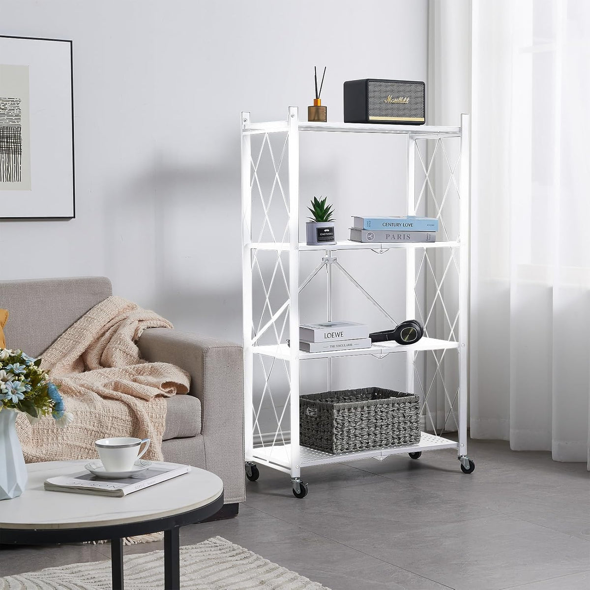 BRIAN & DANY 4-Tier Foldable Storage Shelves with Wheels, Folding Metal R...