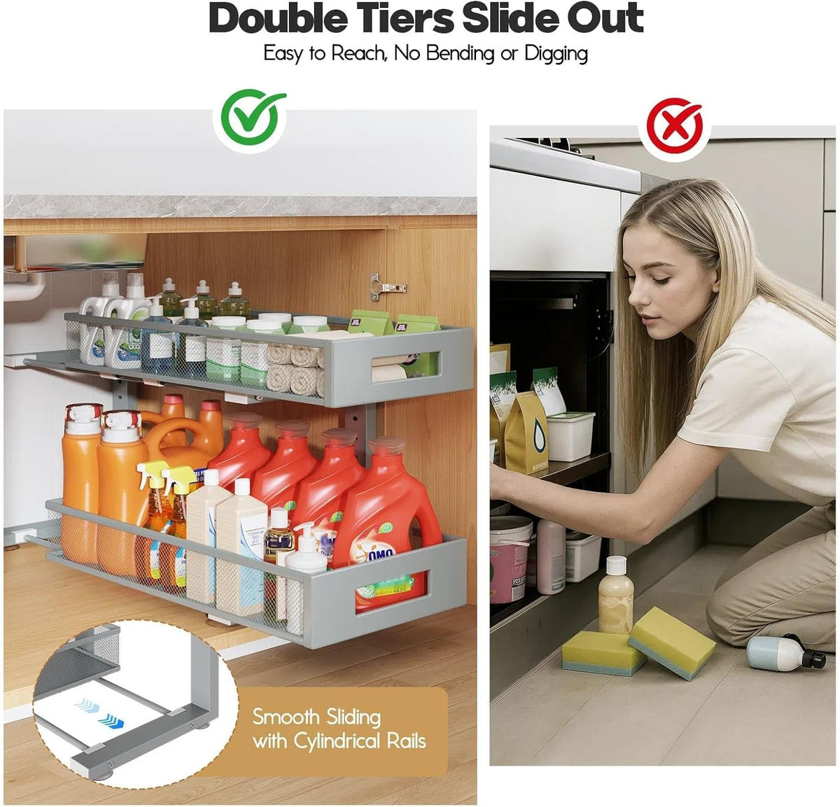 2 Packs 21IN Depth Under Sink Organizer, 2-Tier Pull Out Cabinet Organizer Wi...