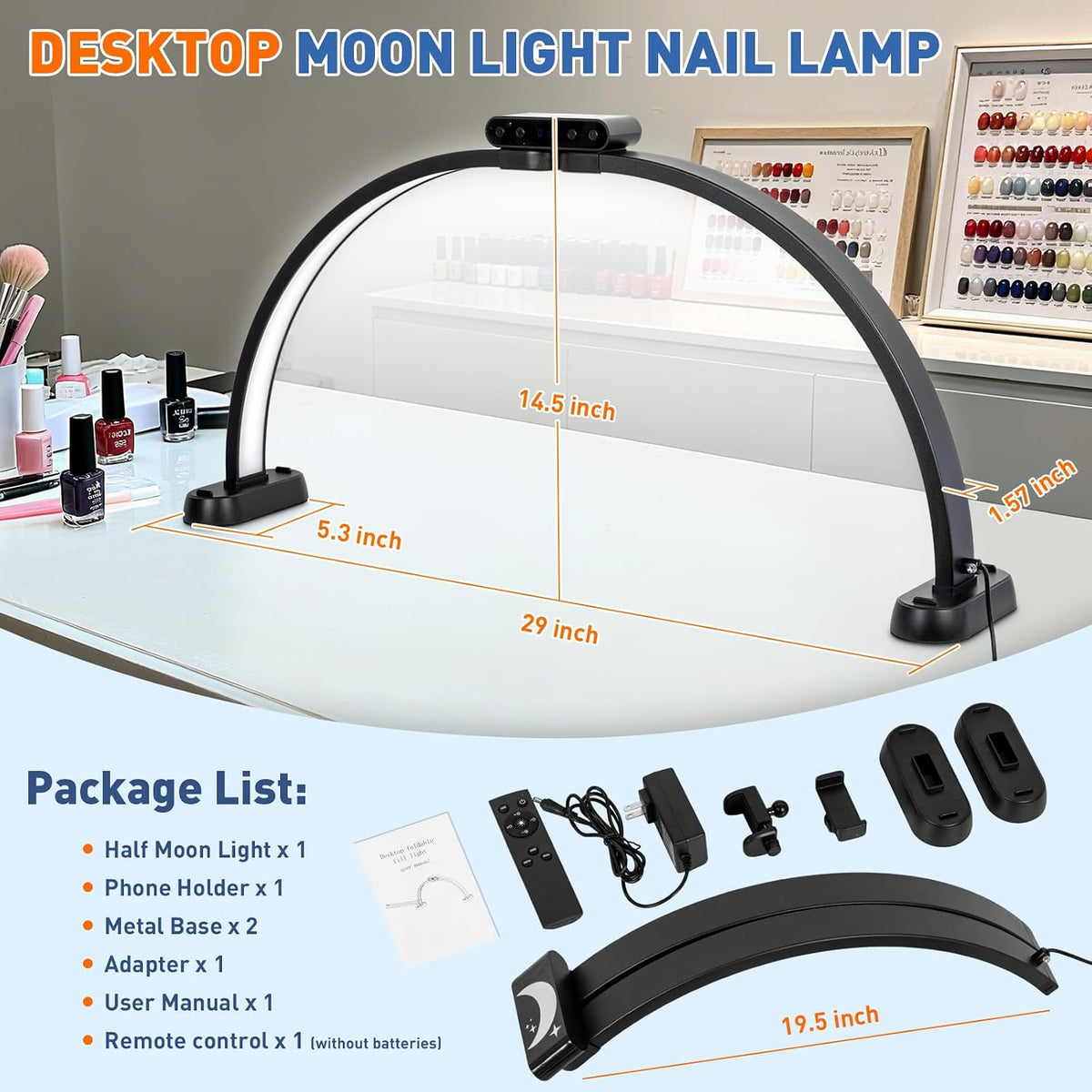KIRKAS Half Moon Light for Nail Desk, 29in Foldable Nail Lamp for Desk