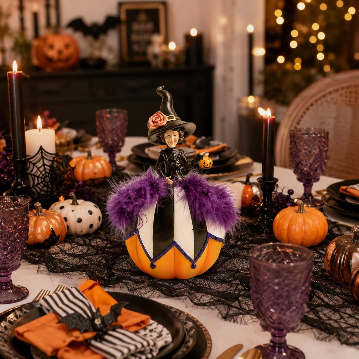 Halloween Witch Figurine, Black and White Pumpkin Table Home Decor