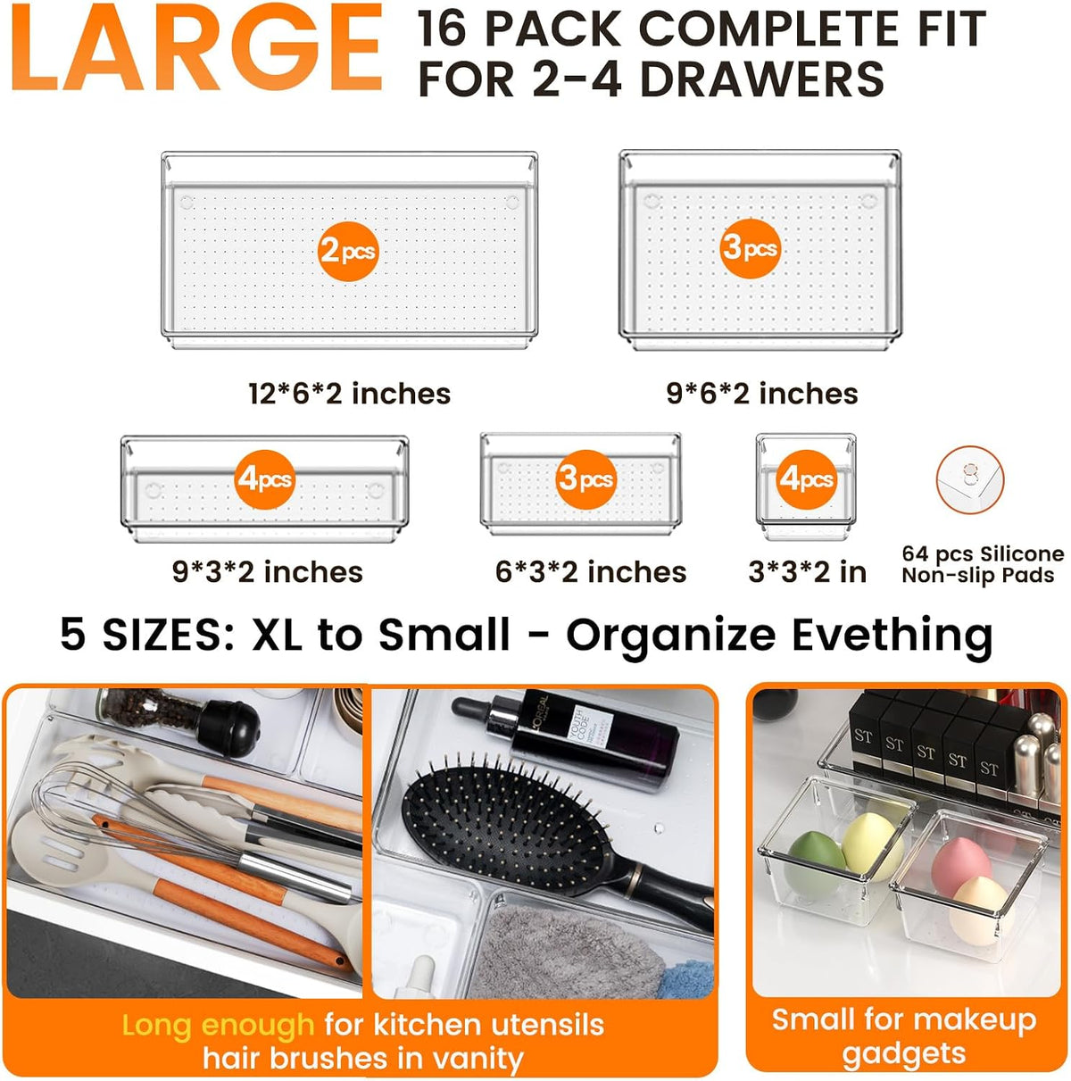 Criusia 16 Pack Large Clear Plastic Drawer Organizer Bins - 5 Size Acrylic Ba...