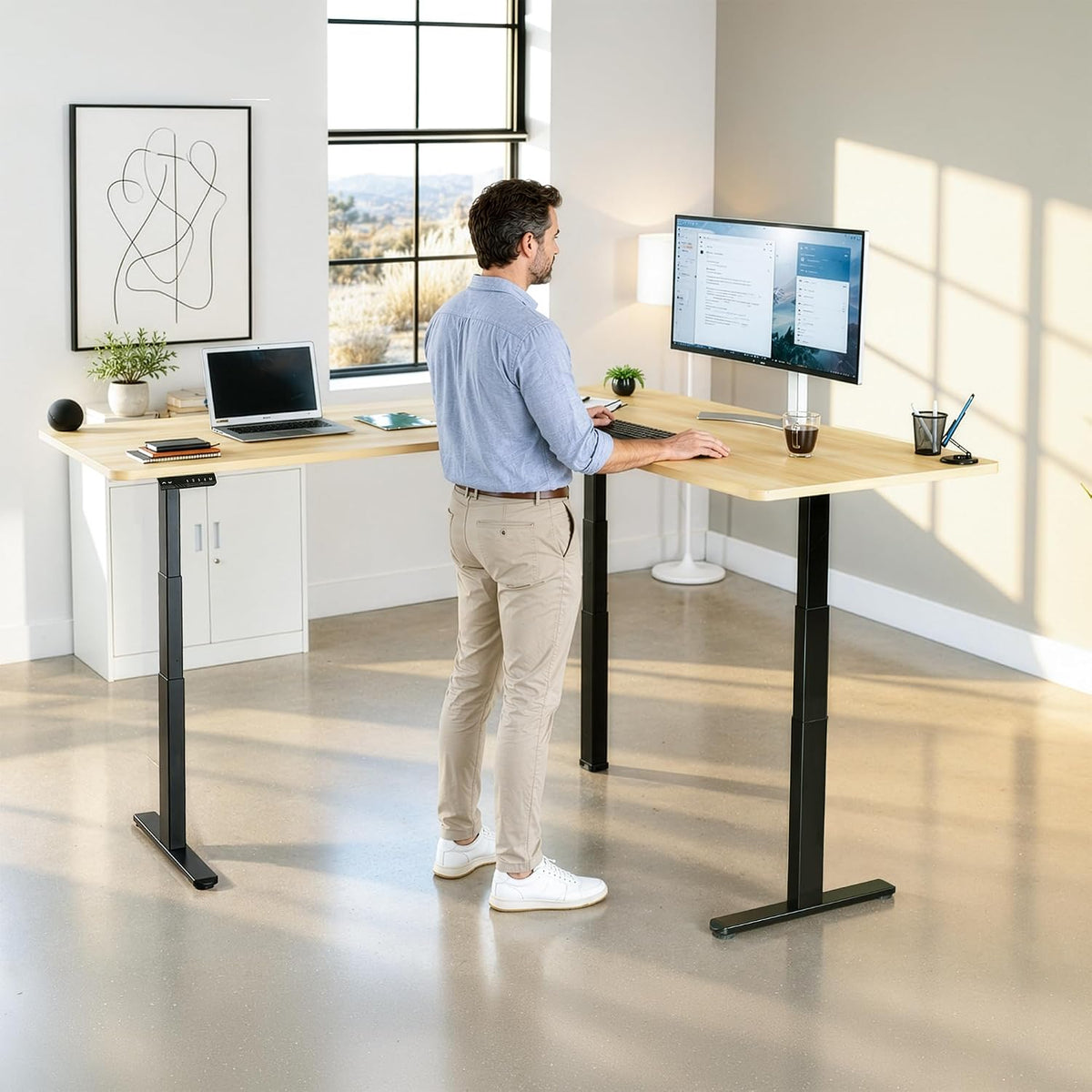 VIVO Electric Corner 3-Leg Standing Desk Frame, Triple Motor