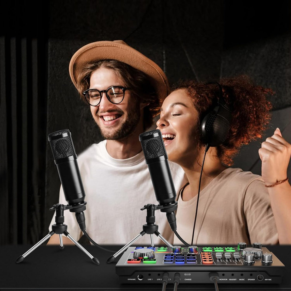 P9-Podcast Equipment Bundle for 2,Dual 3.5mm Condenser Mic for Streaming